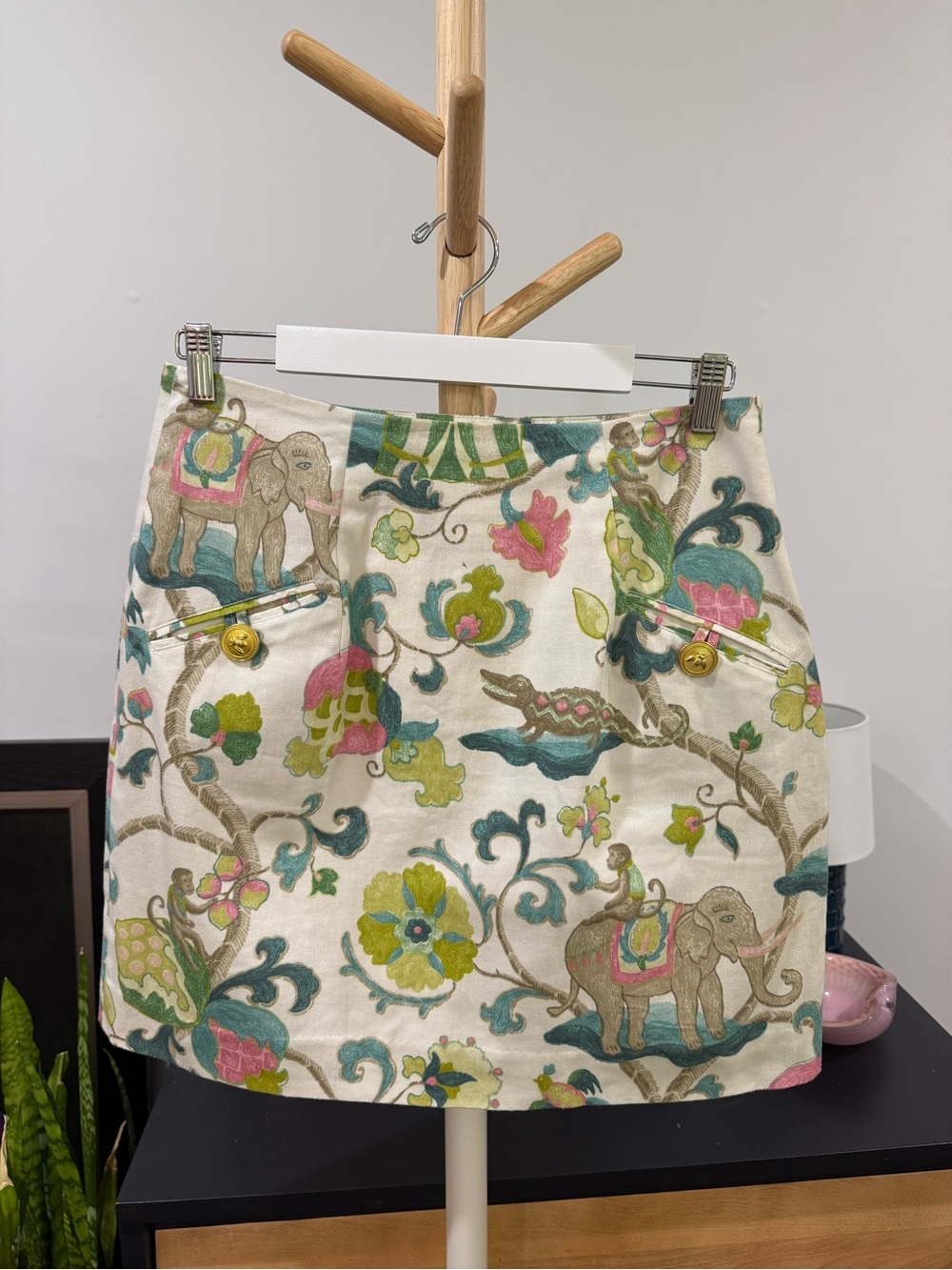 Cream Mini Skirt with Teal, Pink & Yellow Elephant Print